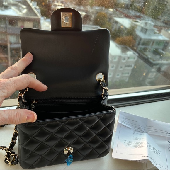 NWT Chanel Black CC Mini Square Lambskin Classic Flap w Receipt! Champagne HW - Picture 4 of 14